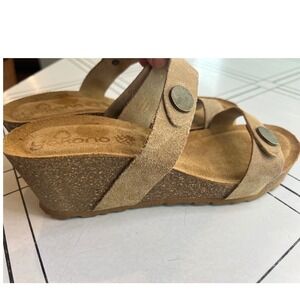 YOKONO Cork Wedge Sandals Tan Suede Buckle Comfort Women Size 7